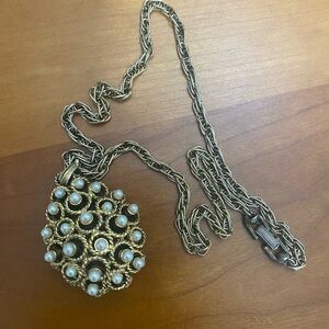 Vintage signed Trifari Large 2" Faux Pearl Teardrop Cage Pendant Chain Necklace